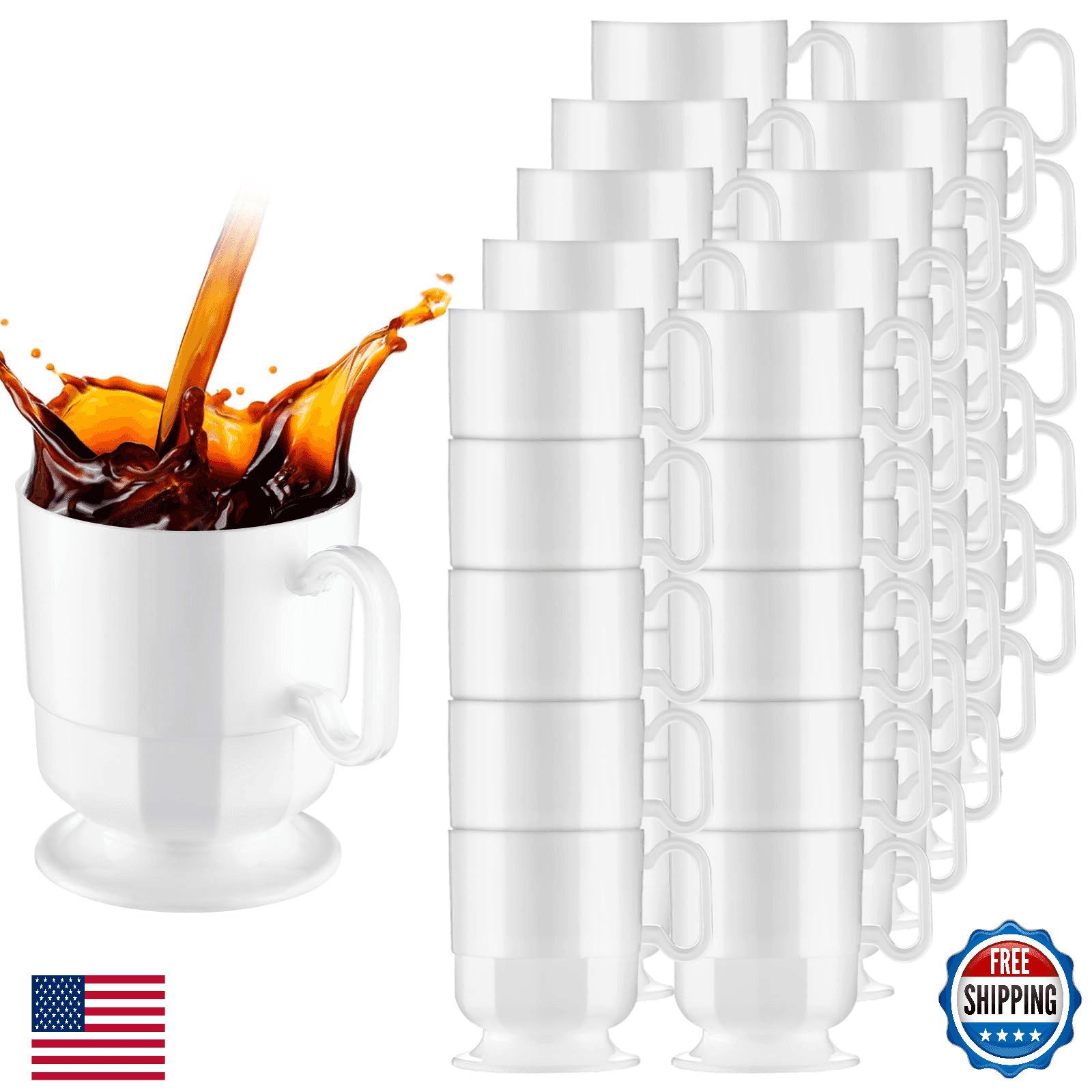 Dandat 50x White 8 oz Hard Plastic Coffee Tea Cups with Handle Disposable Party - Image 1