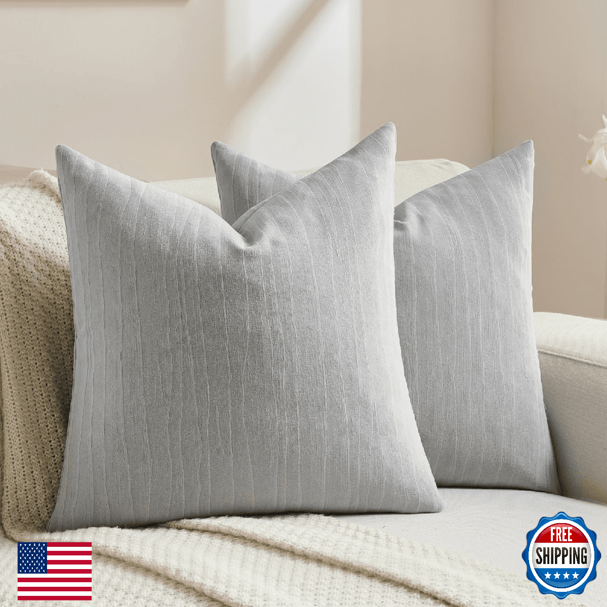 FUTEI Light Grey Chenille Decorative Throw Pillow Covers 26x26 Inch Set of 2,Sof - Image 1