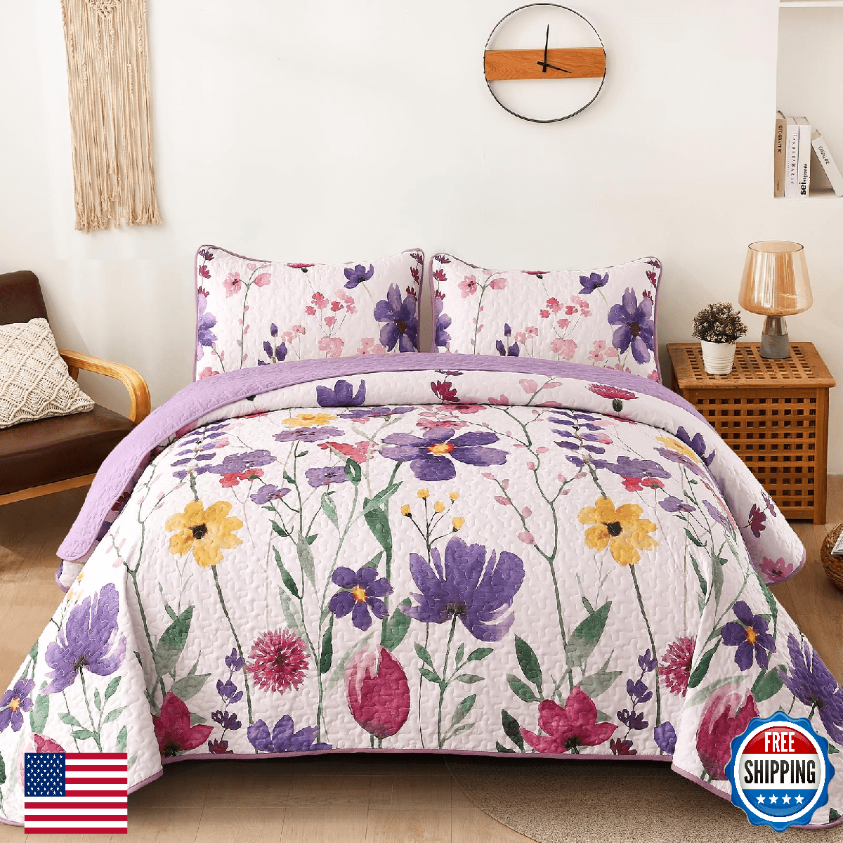 Anibedding Purple Quilt Set Full, Floral Pattern Microfiber Bedspreads Full Size - Image 1