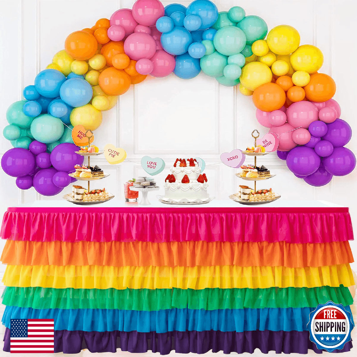 Pufogu BrightRainbow Tulle Table Skirt 14ft Tutu Ruffled Chiffon Tablecloth For - Image 1