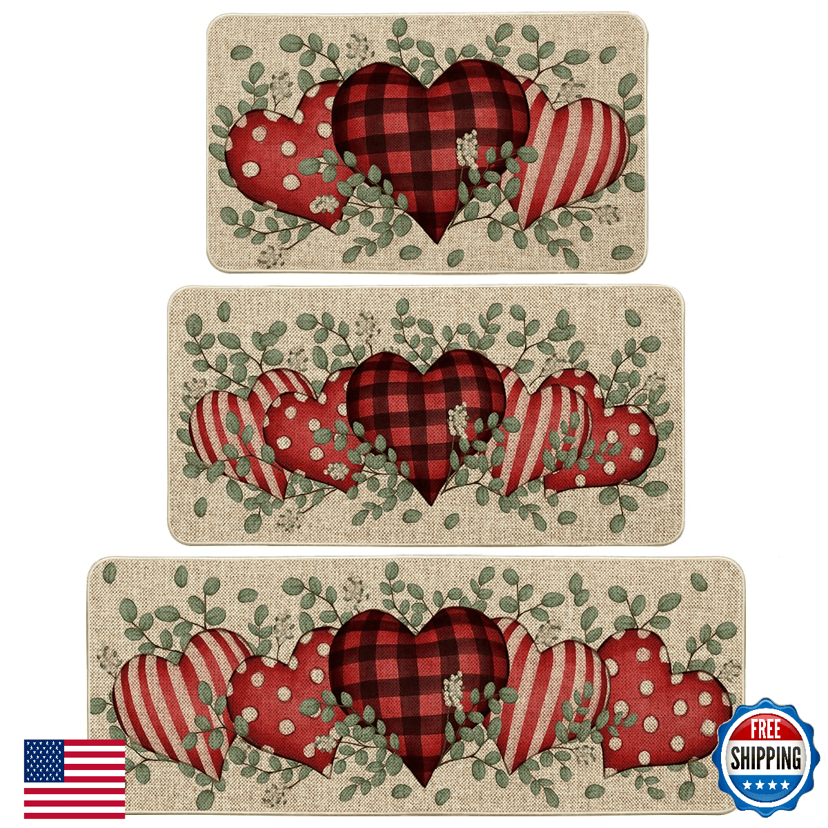 Artoid Mode Eucalyptus Love Heart Valentine's Decorative Kitchen Mats Set of 3 1 - Image 1