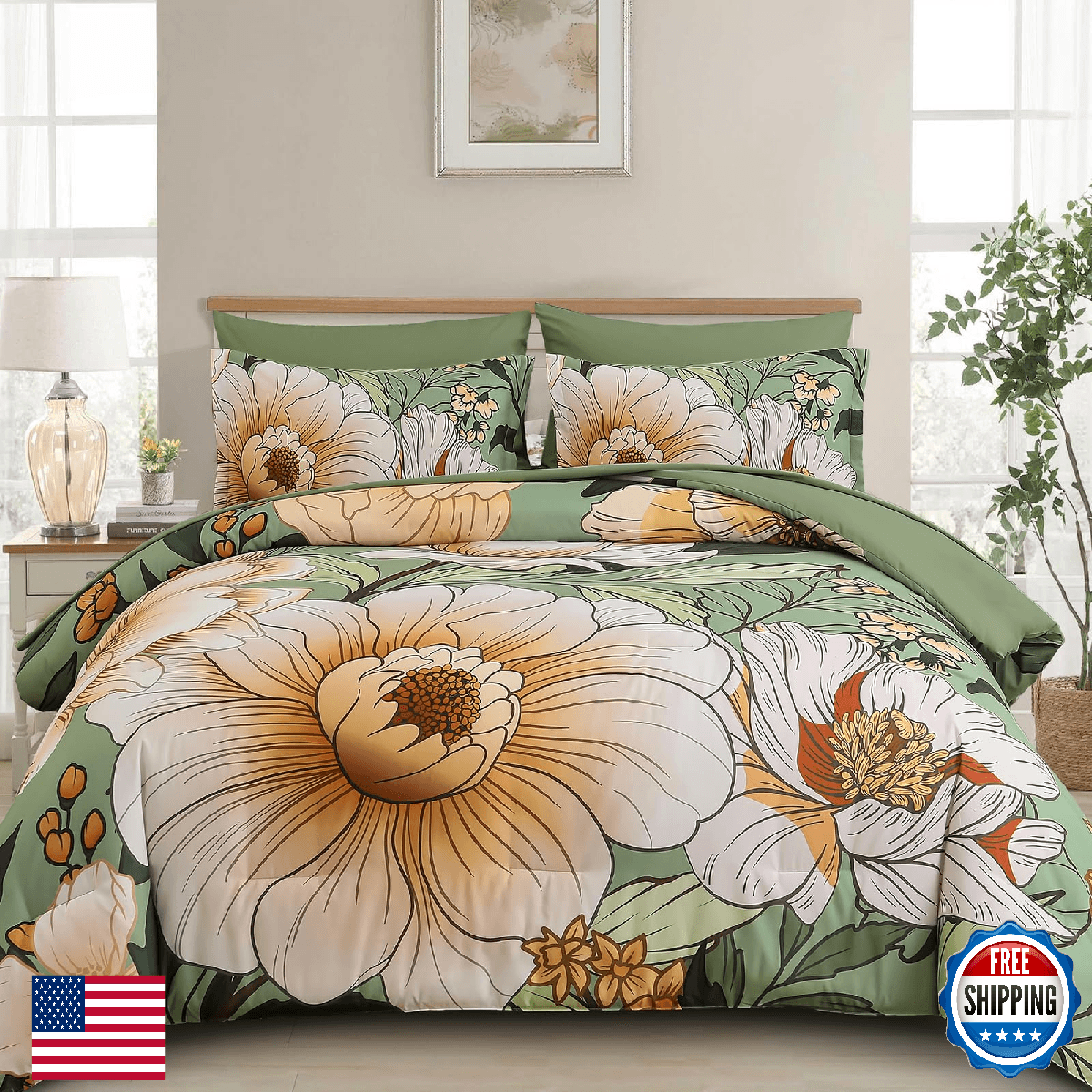 Xruibed Queen Comforter Set 7 Pieces Green Floral Comforter Set Queen Size Bed i - Image 1