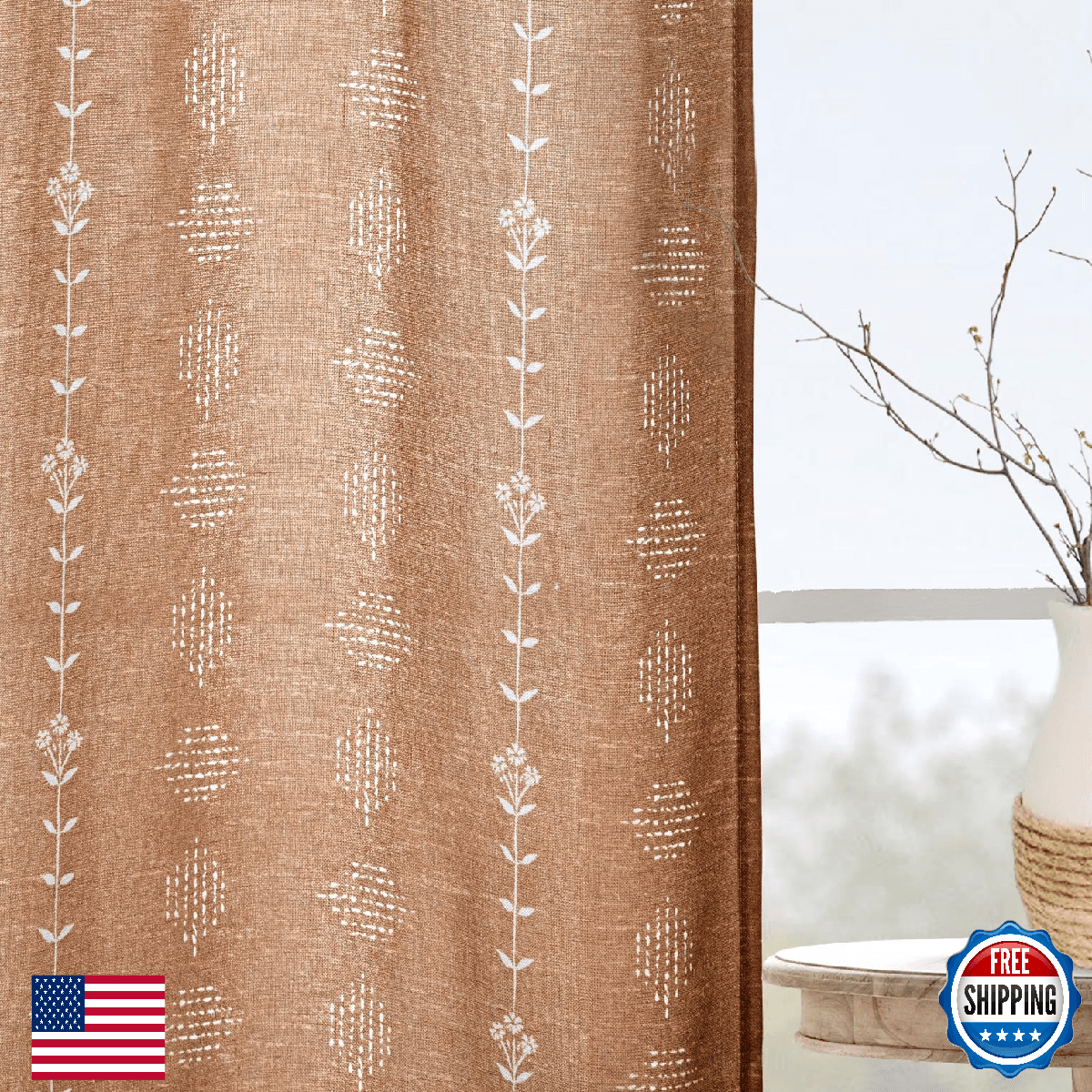 80 Inch Curtains Length for Sliding Glass Doors,Sheer Linen Boho Floral Patterne - Image 1