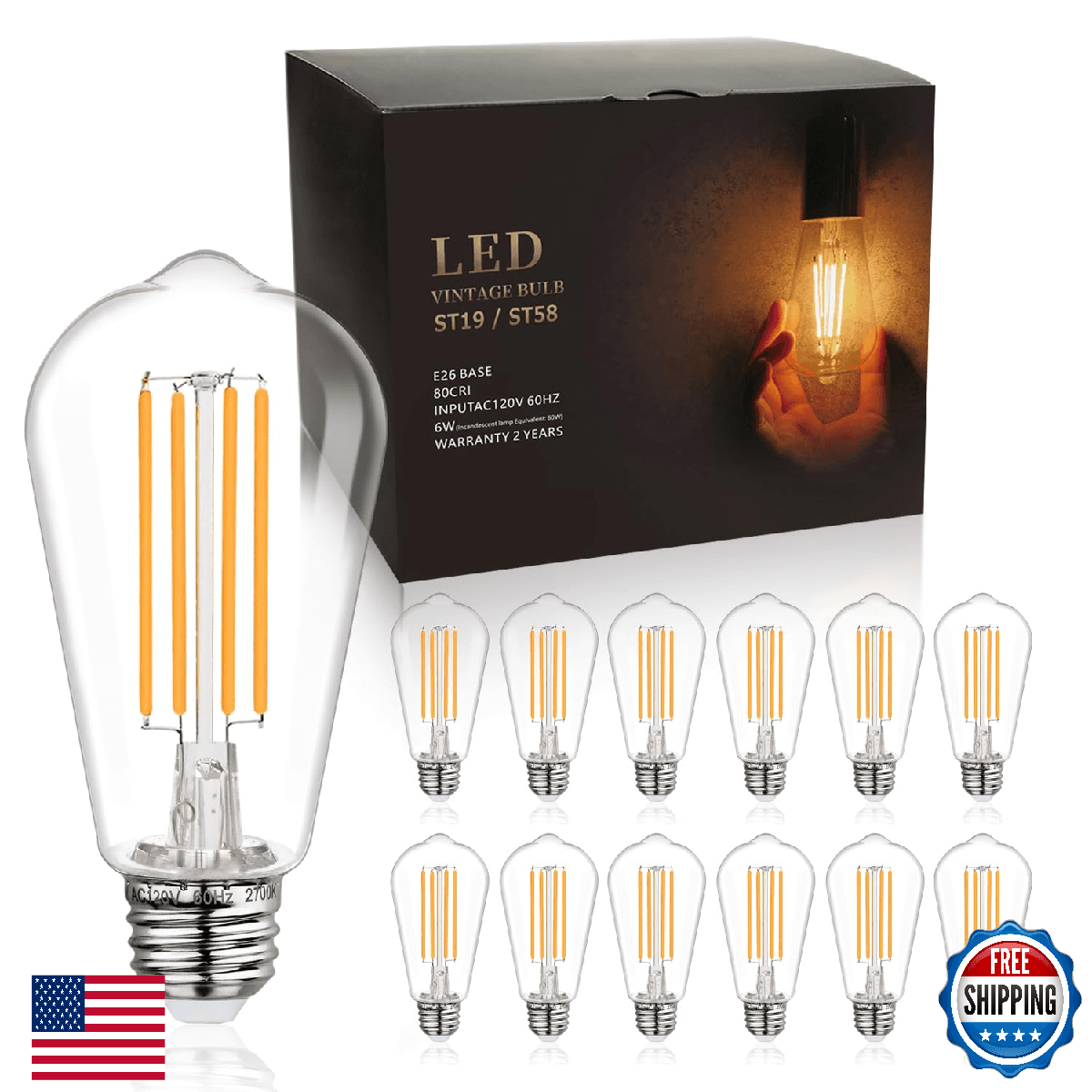 BORT ST58/ST19 Vintage LED Edison Bulbs 6W 2700K Dimmable E26 12-Pack - Image 1