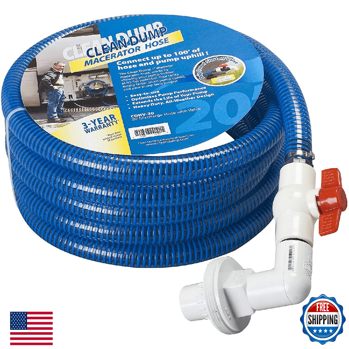 Clean Dump CDHV-20 20ft Discharge Hose with Drip Proof Valve - Image 1