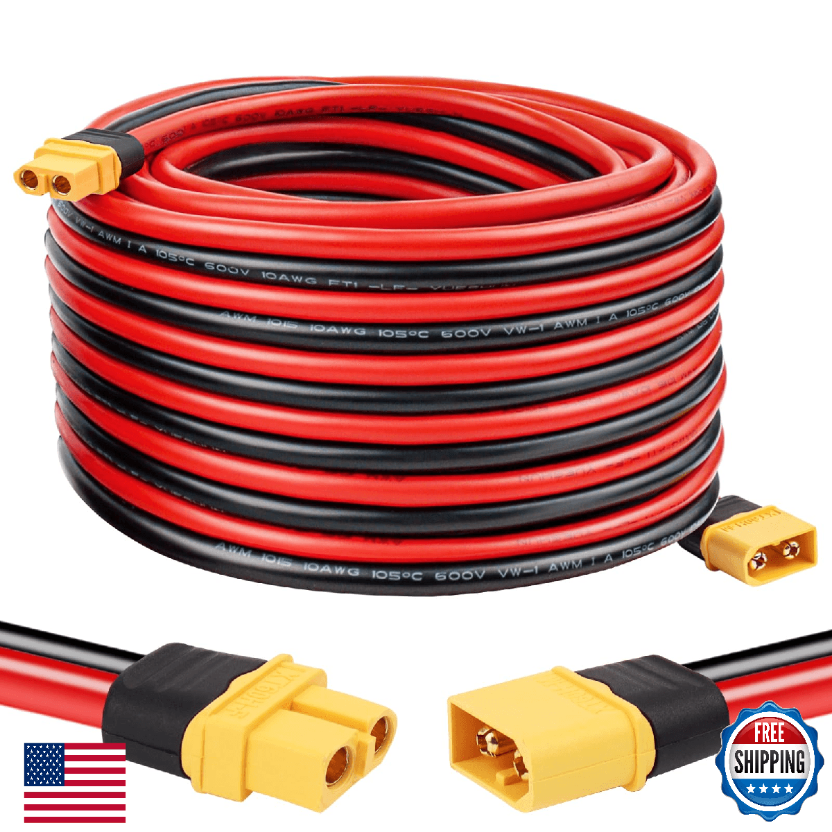 MOOKEERF XT60 Extension Cable 10AWG 30FT Male to Female for Solar/Battery - Image 1