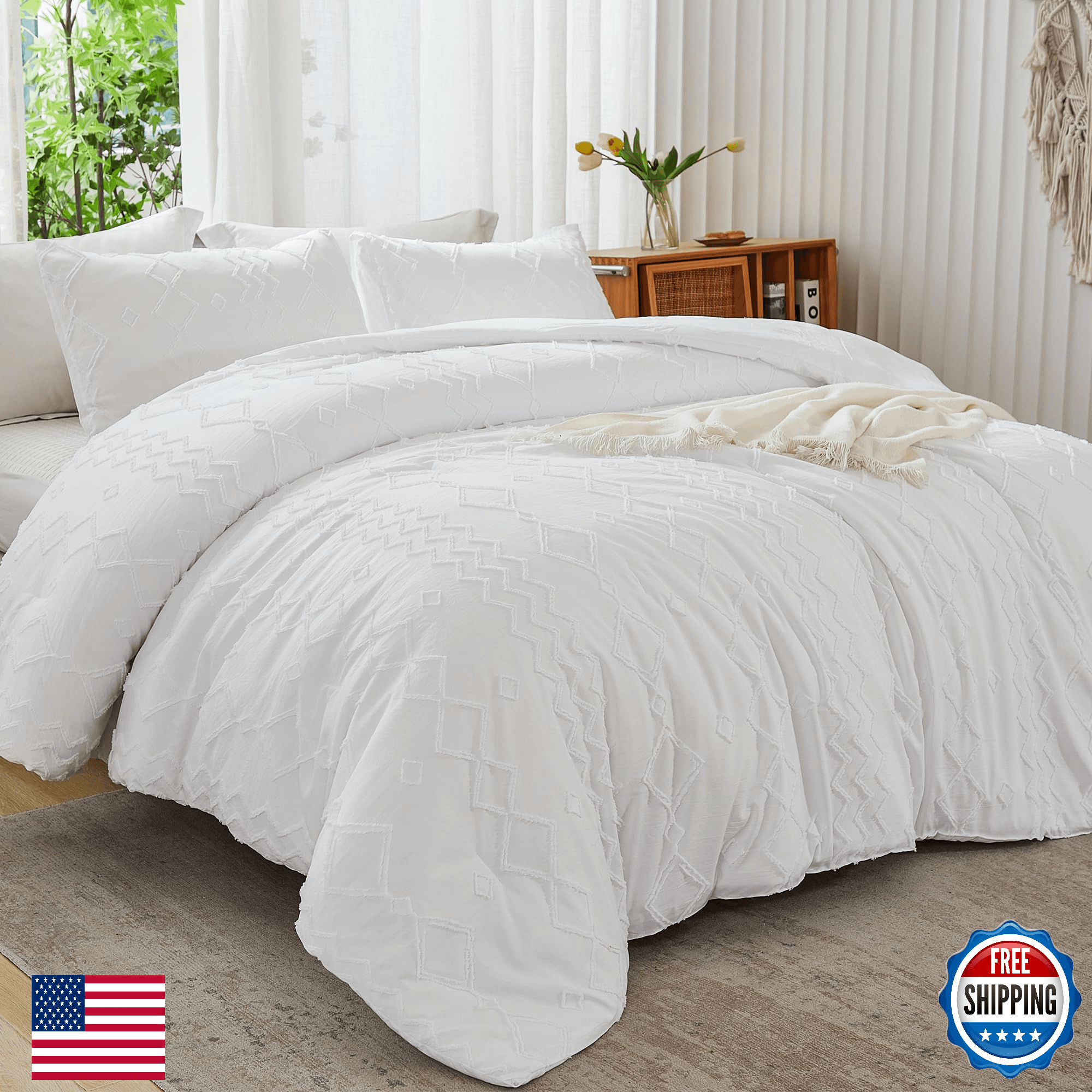 Andency White Tufted Boho Comforter Set Twin, 2 Pieces (Comforter & Sham) - Image 1