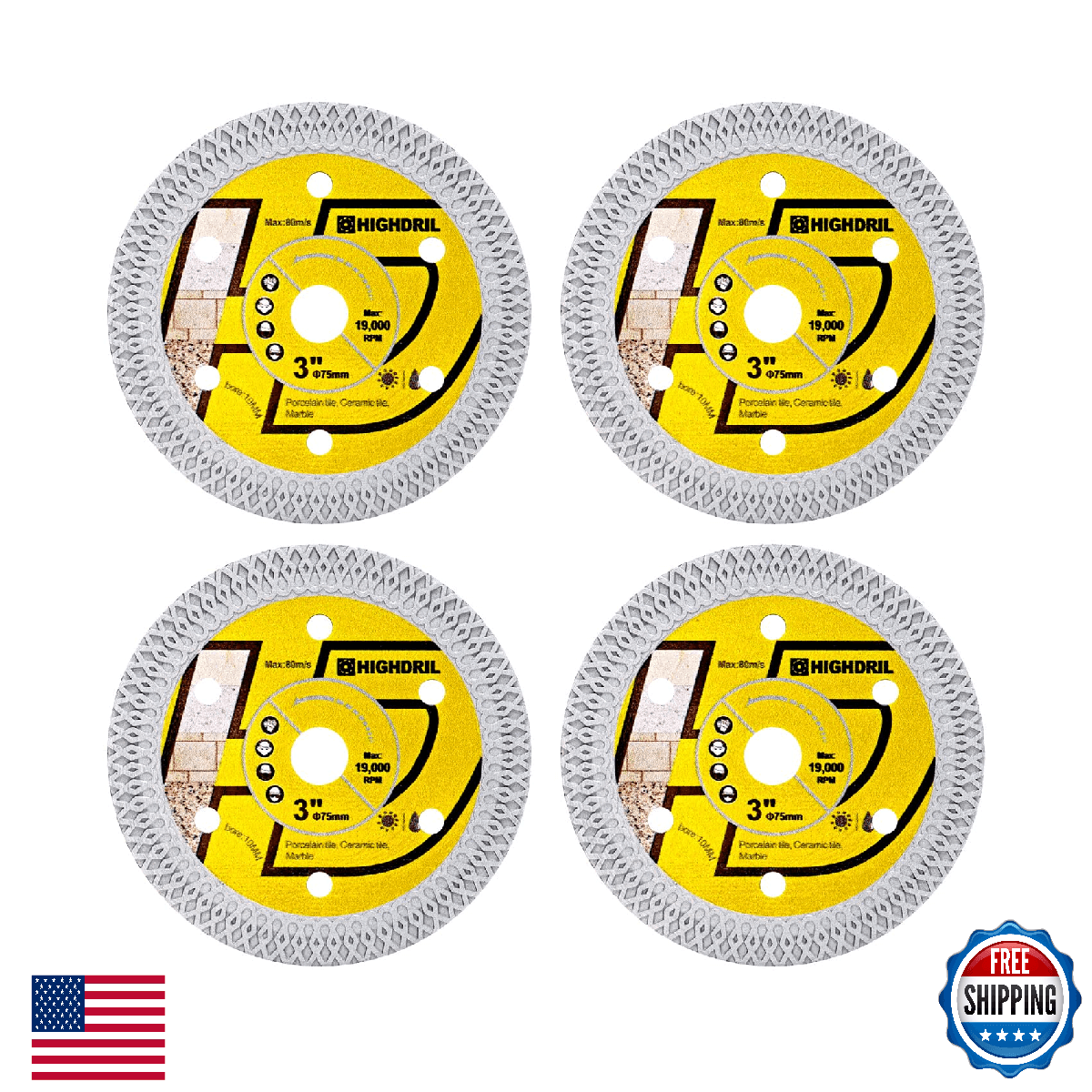 HIGHDRIL Diamond Tile Blade 3" 75mm x Arbor 3/8" 10mm - 4pcs X Mesh Angle Grinde - Image 1