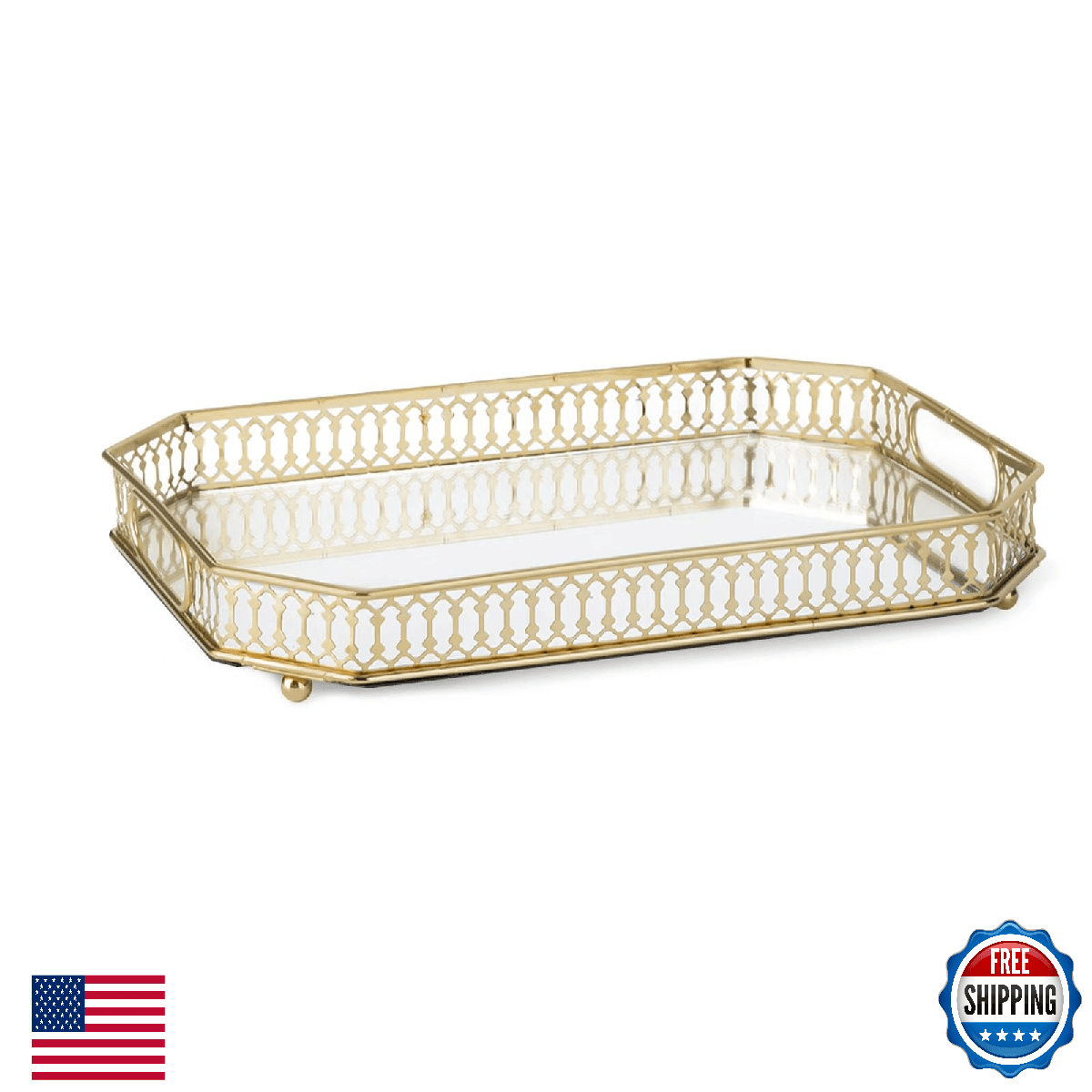 Bar Cart Decorative Mirrored Tray w/ Handles, Large Capacity Organizer, Waterpro - Image 1