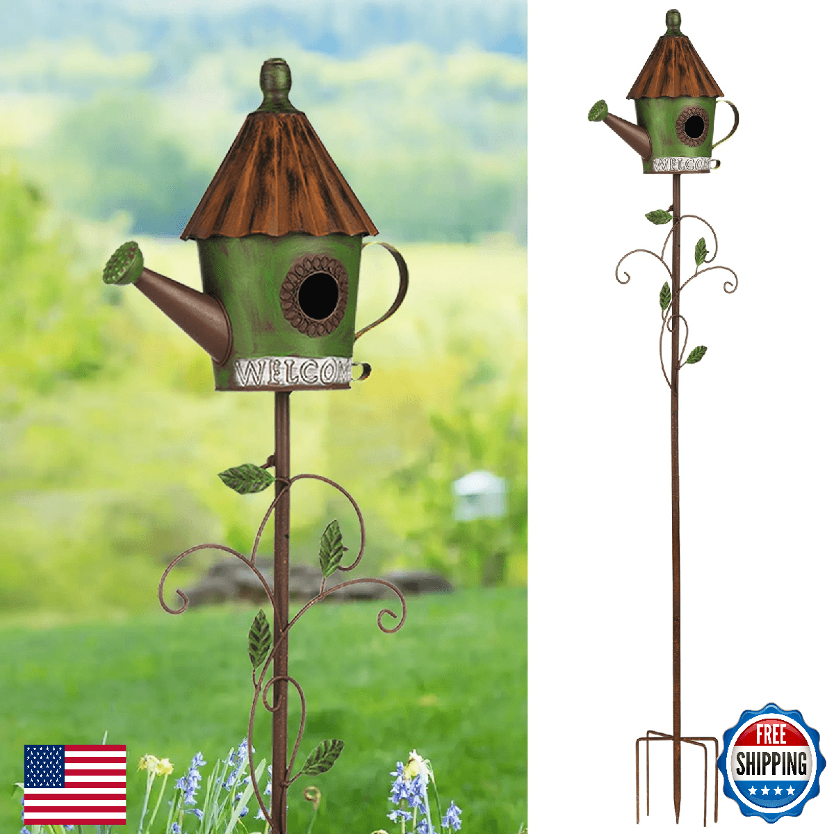 BAYN 57” Metal Watering Can Birdhouse Garden Stake - Rustic & Durable - Image 1