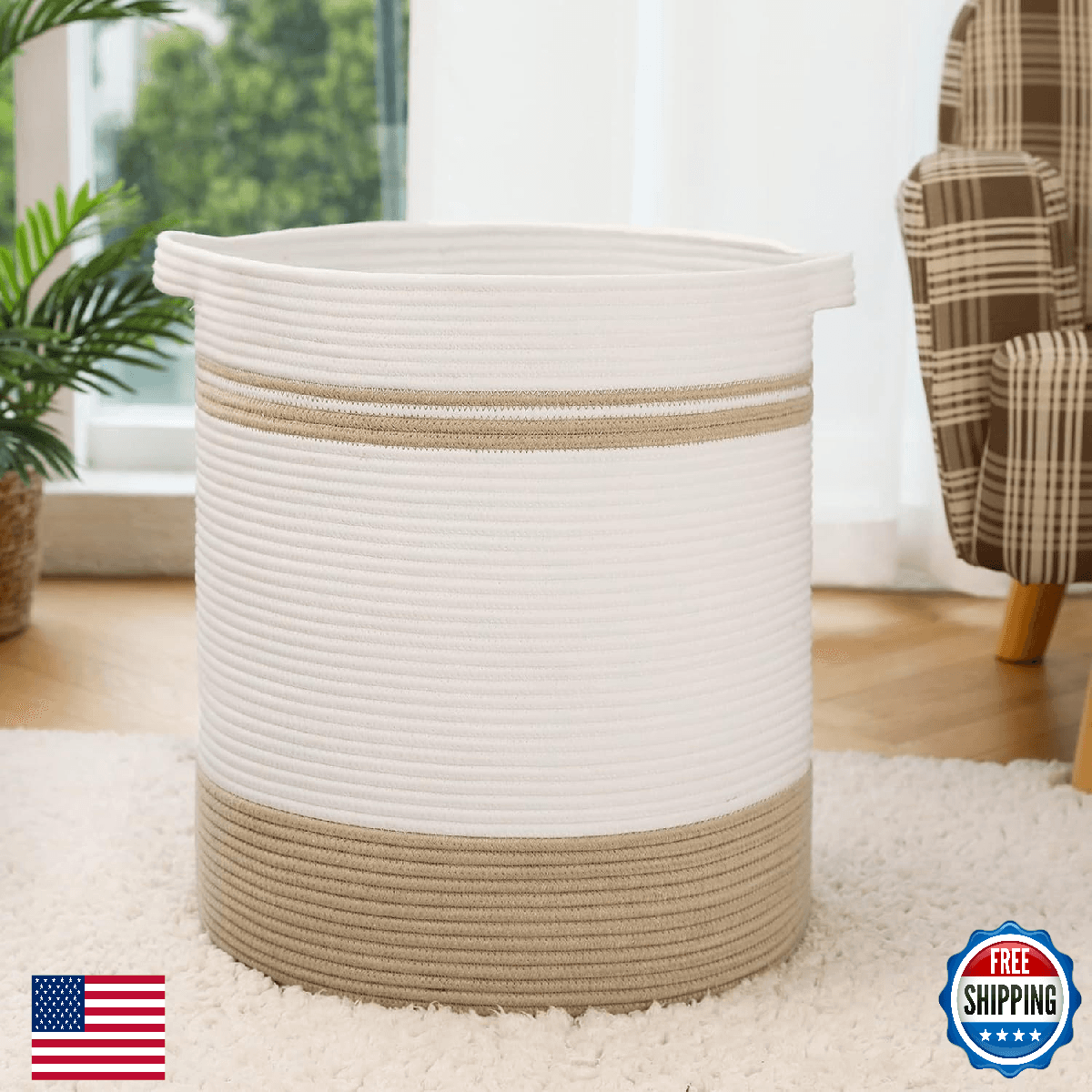 Laundry Hamper 16x16x18 60L Large Basket for Blankets Toy Storage Cotton Rope Nu - Image 1