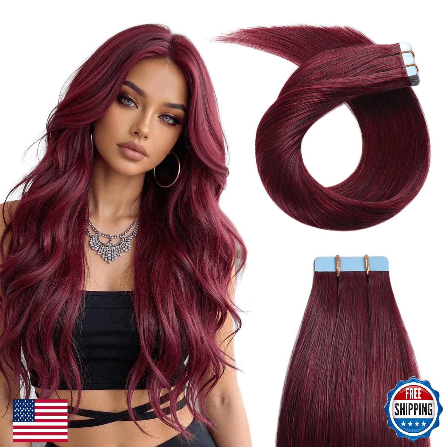 YILITE 18" 50g Red #99J Remy Human Hair Tape-In Extensions 20Pcs - Image 1