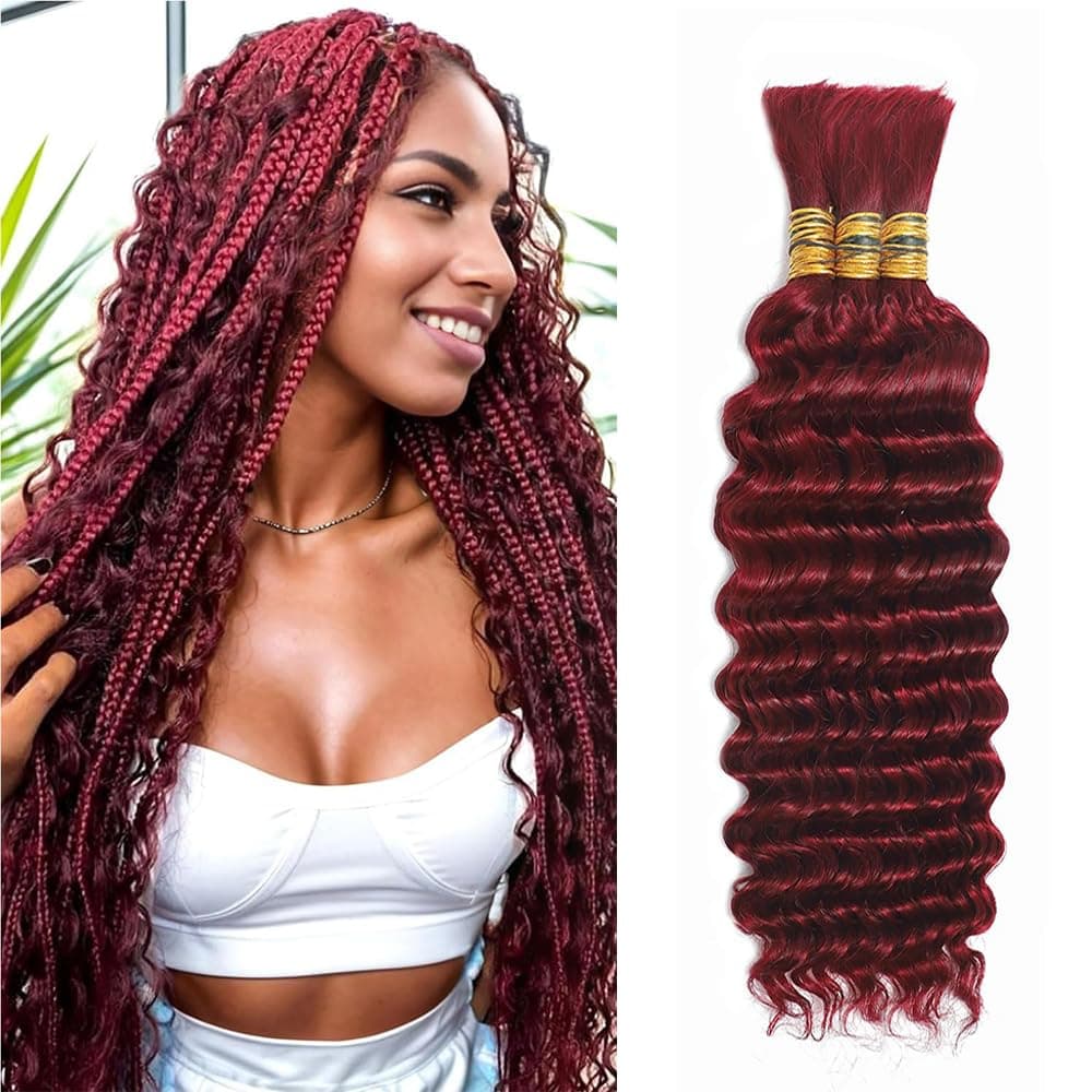99J Human Braiding Hair for Boho Braids 12 Inch Burgundy Deep Wave Bulk Human Ha - Image 1