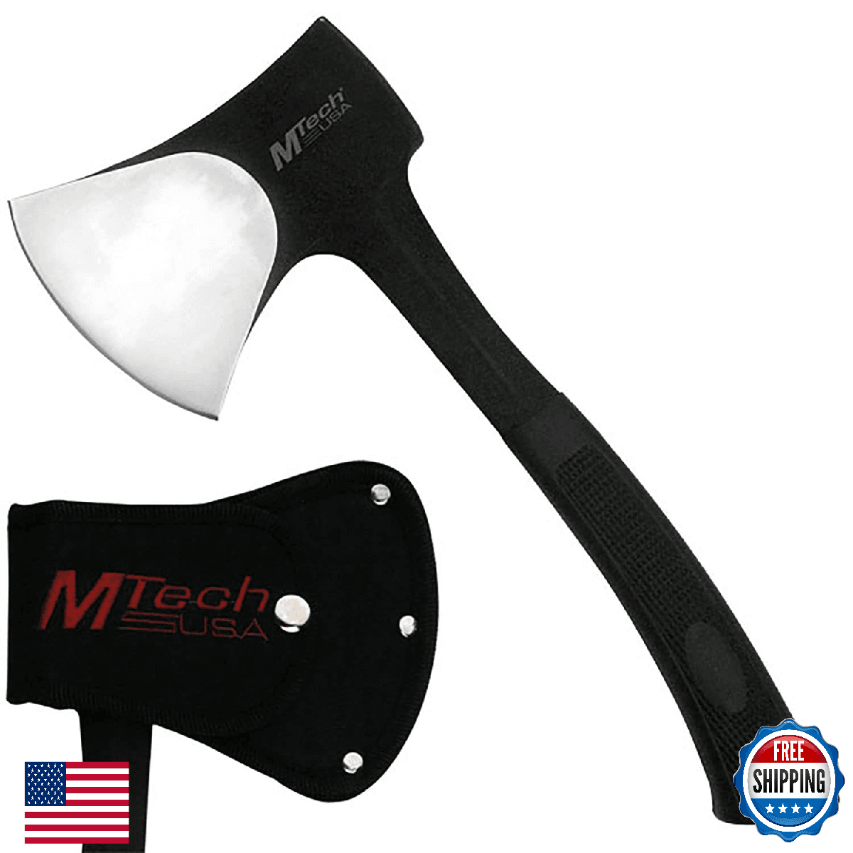 MTech USA Camping Axe, 11" Overall, Two-Tone Blade, Black Rubber Handle - Image 1