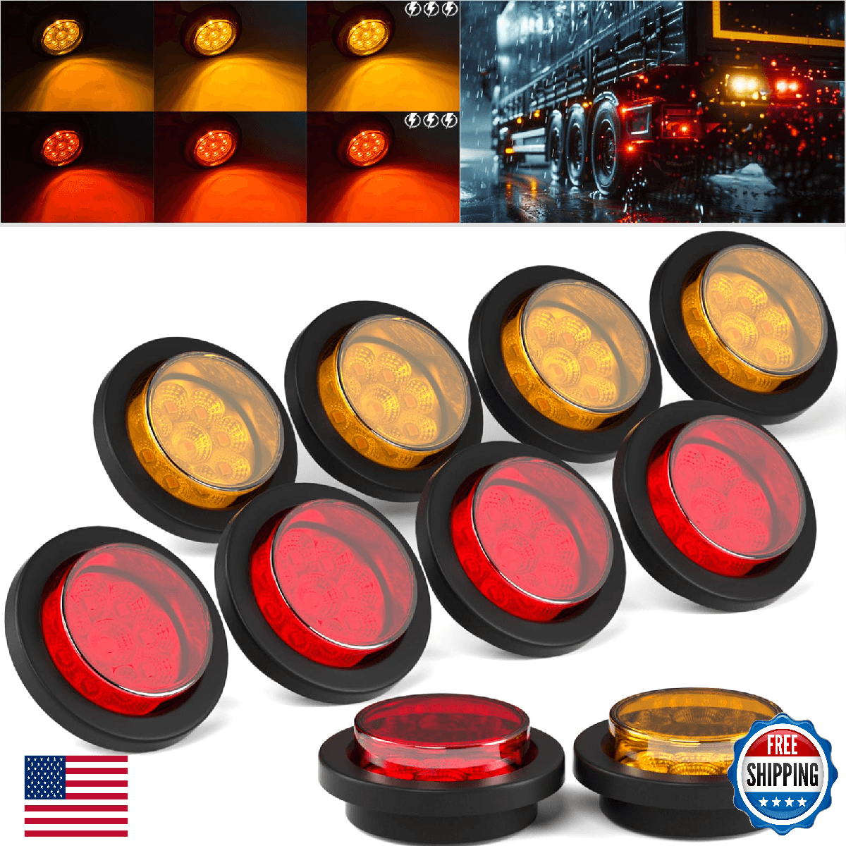 BJZ 2'' High Low Light Strobe Trailer Clearance Marker LED Lights Round Side Tai - Image 1