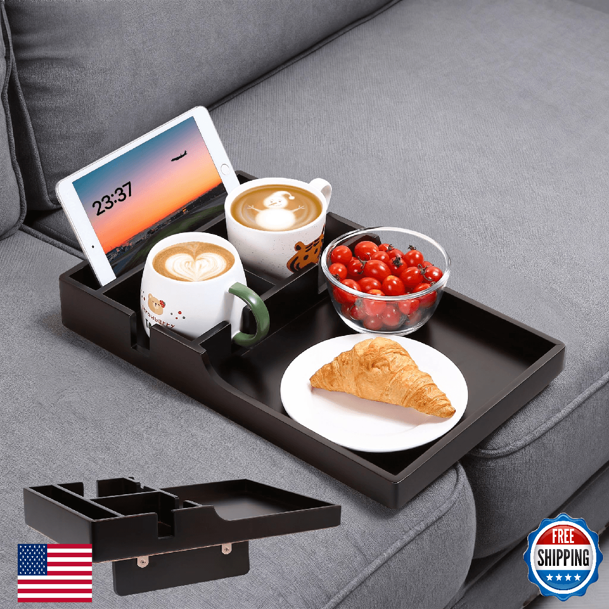 Nnewvante Couch Insert Tray 2-in-1 Sofa Organizer Bamboo 4 Compartments Fits Sea - Image 1