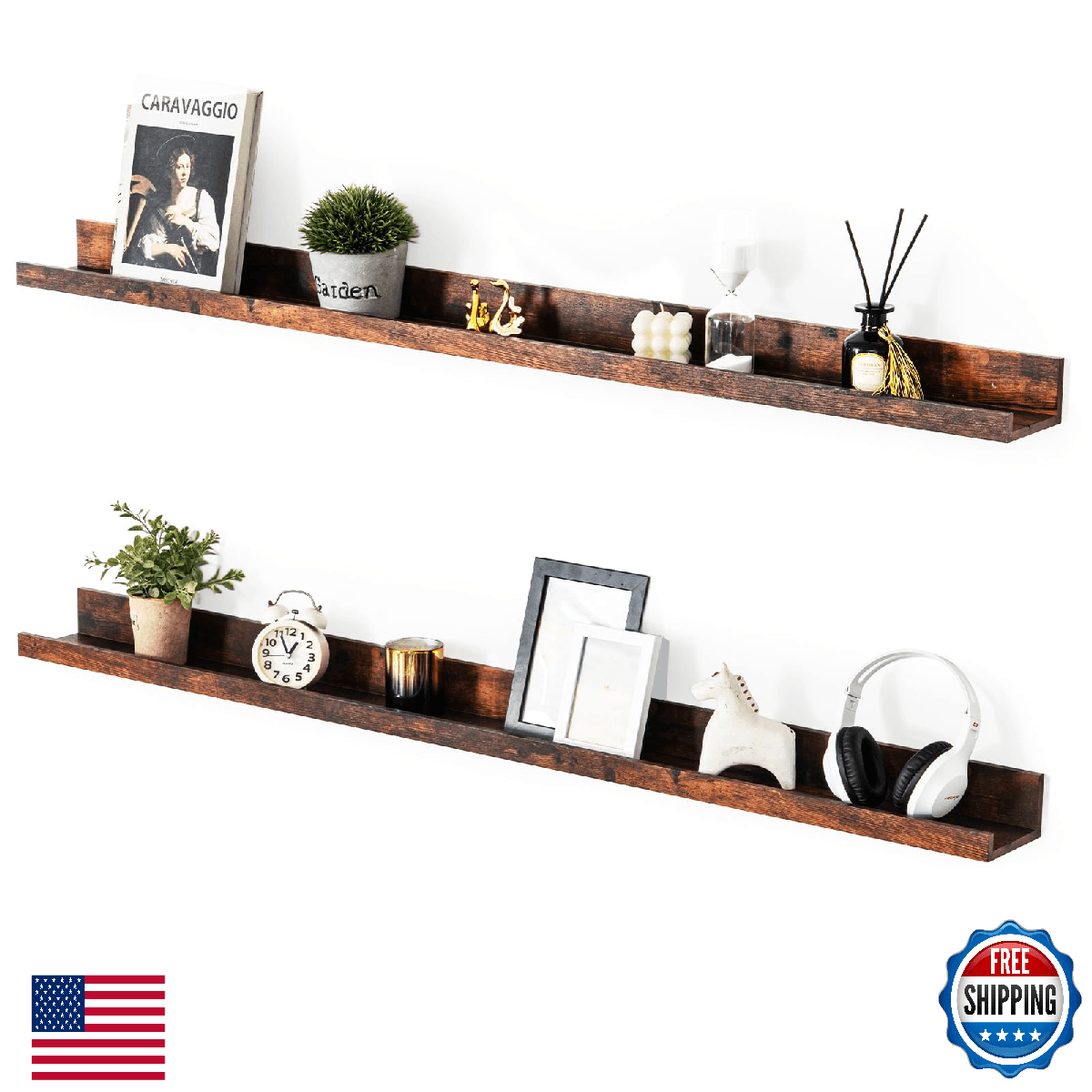 Muzilife 55" Large Floating Wall Ledge Shelves Set 2 Rustic Wood Honey Brown Pic - Image 1