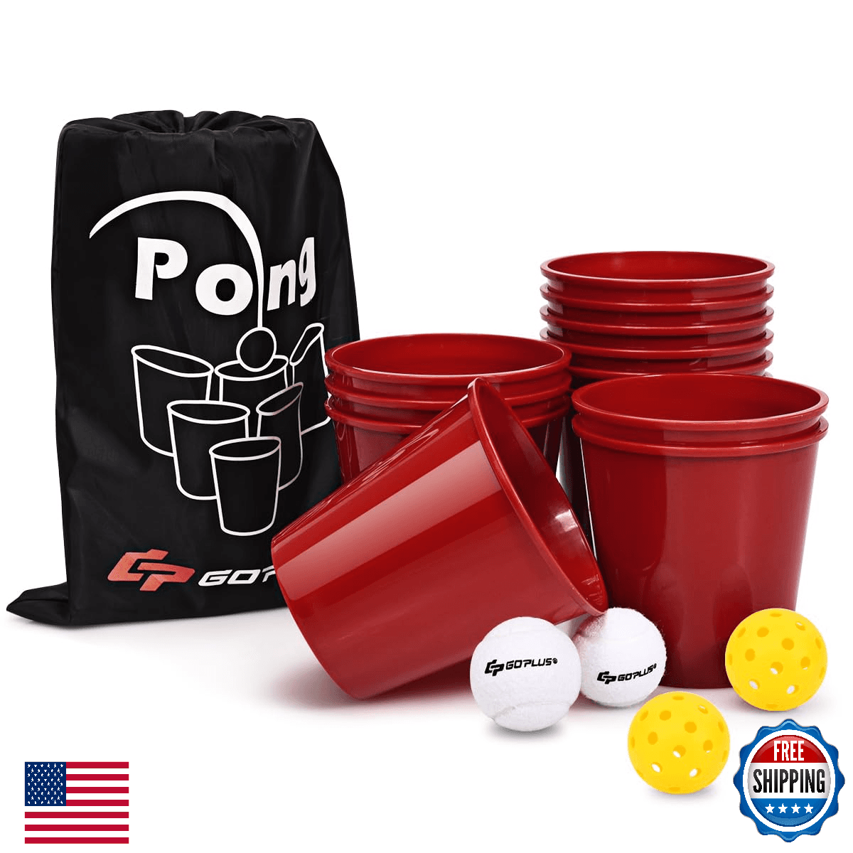 Goplus Giant Yard Pong Game Set - 12 Buckets, 2 Balls, Carry Bag - Outdoor - Image 1