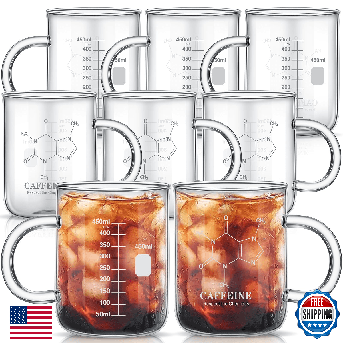 Hsei 8pk 16oz Caffeine Molecule Beaker Mug w/Handle - Graduated Borosilicate Gla - Image 1