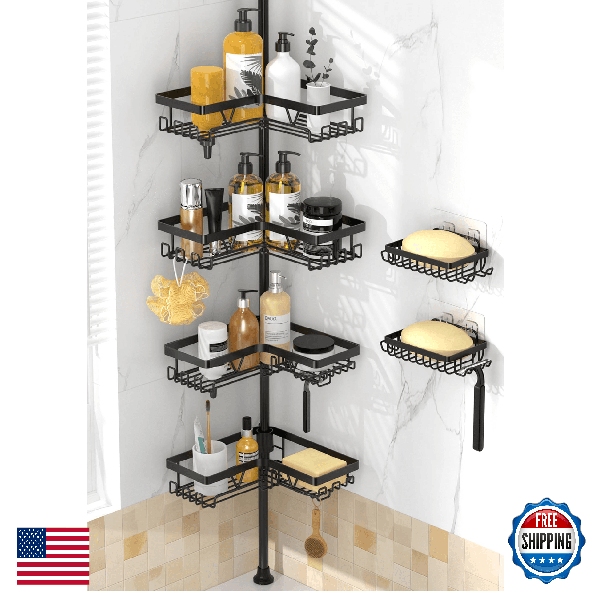 DAOYA Corner Shower Caddy 4-Tier Tension Pole Bathroom Shower Shelf with 2 Soap - Image 1
