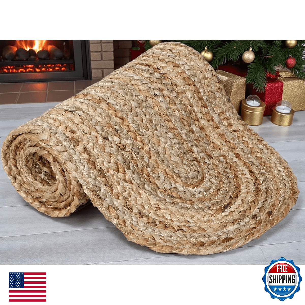 MDS Handwoven Oval Jute Braided Table Runner 13x72 Natural Reversible Farmhouse - Image 1