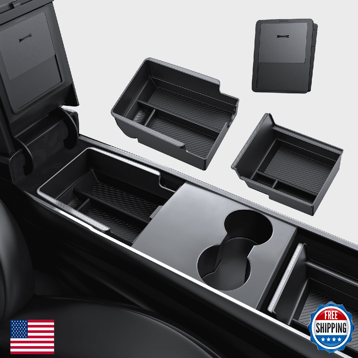 BASENOR 3PCS Tesla Model Y Model 3 Center Console Organizer Carbon Fiber Edition - Image 1