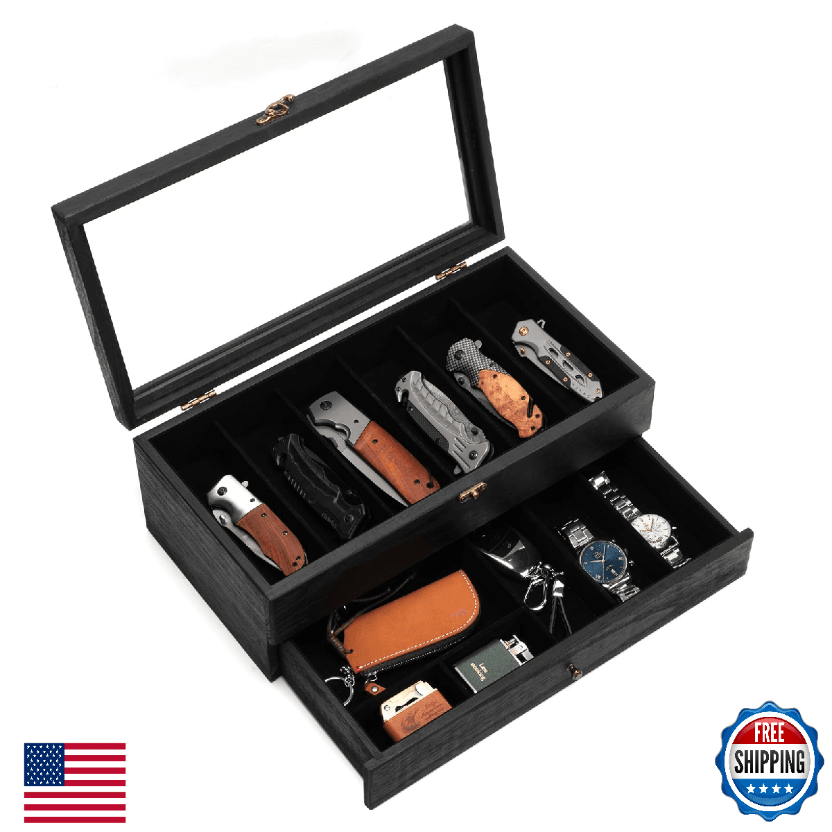 Yoimori 2-Layer Solid Wood Pocket Knife Case Display & Storage Box, 9 Slots - Image 1