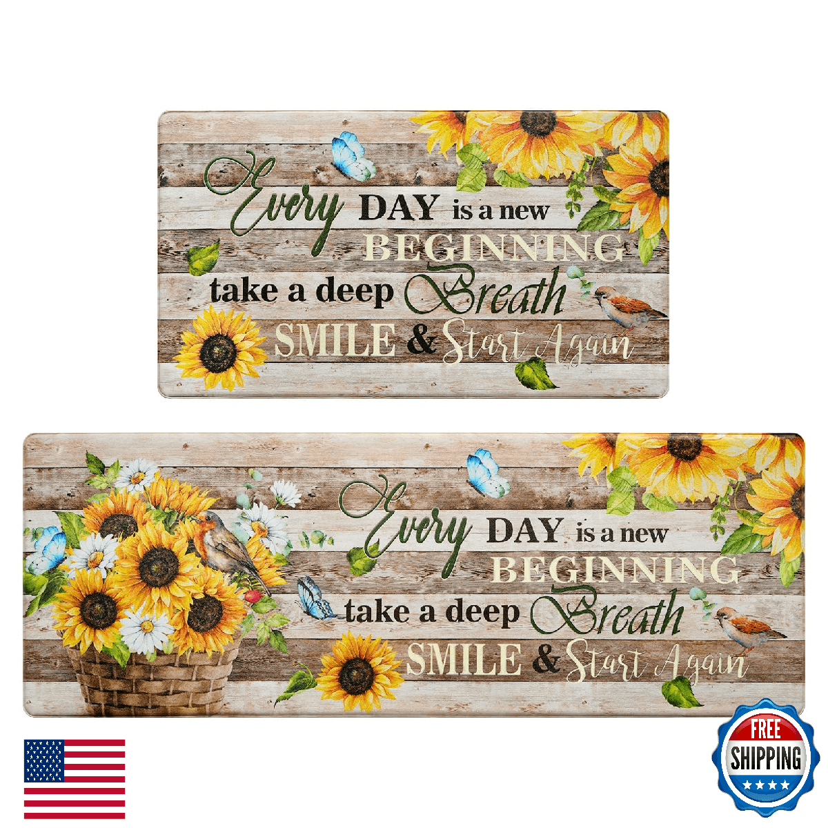 Likiyol Sunflower Kitchen Rugs Set of 2, Anti-Fatigue Non-Slip Washable Mats - Image 1