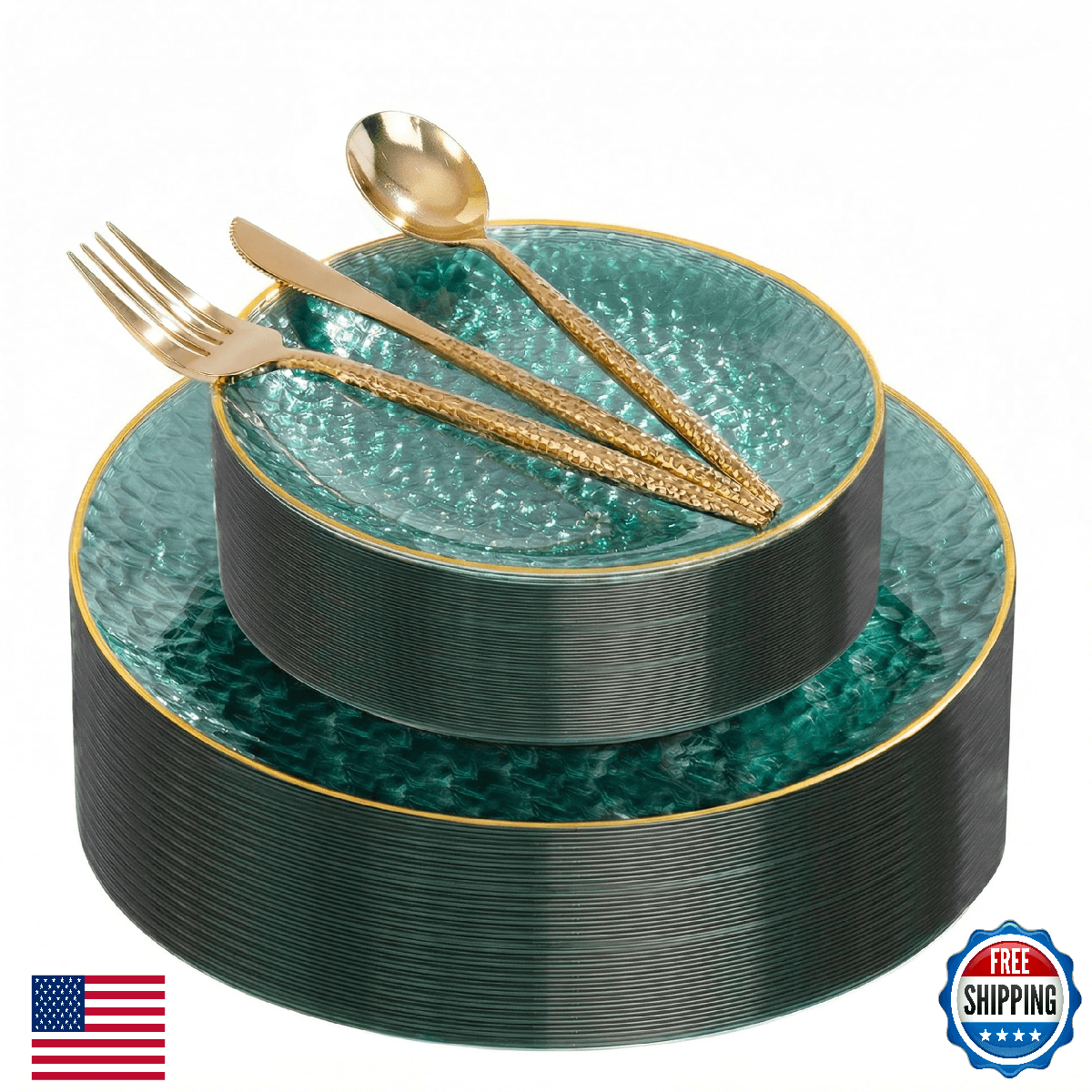 I00000 150Pcs Clear Green Plastic Plates with Gold Rim,Green Disposable Plates,C - Image 1