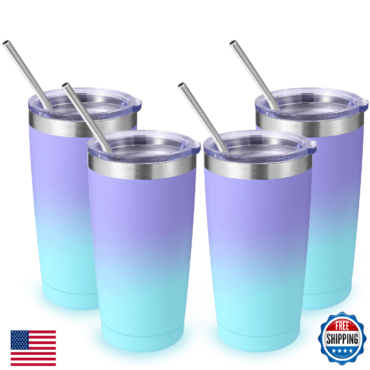 Volhoply 20oz Stainless Steel Tumbler 4 Pack Travel Insulated Mug Purple Blue - Image 1