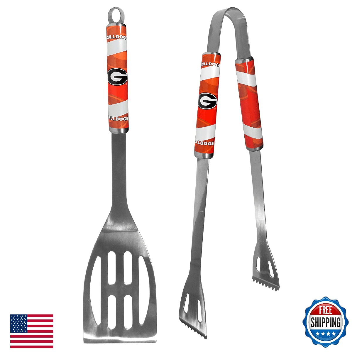 NCAA Georgia Bulldogs 2-pc Steel BBQ Tool Set - Spatula & Tongs - Image 1