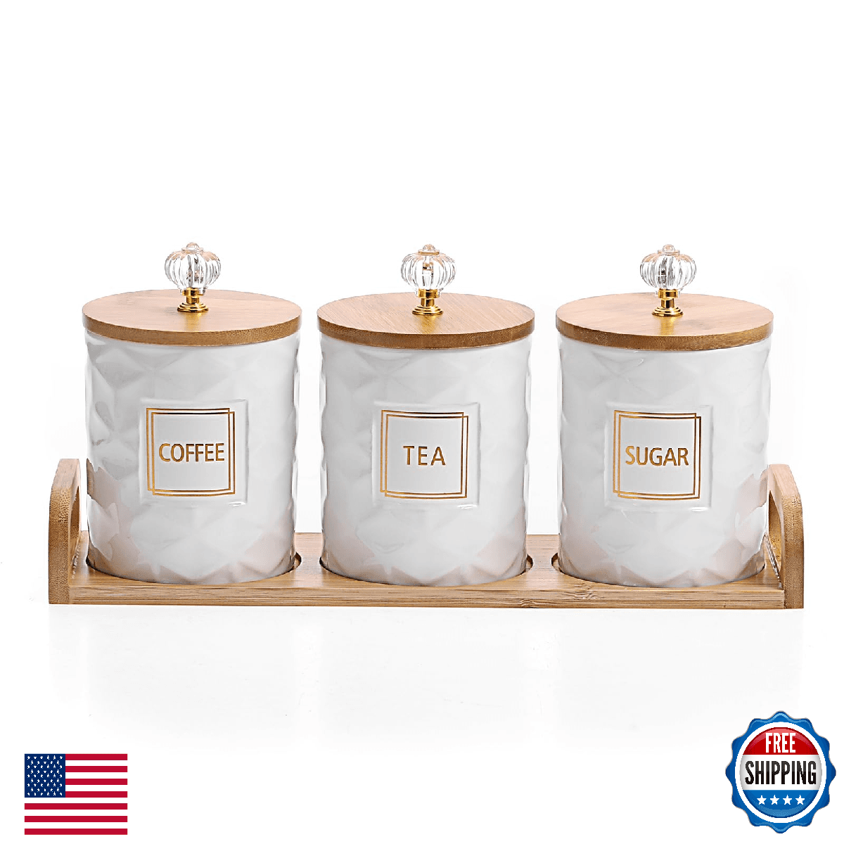 JUXYES Set of 3 Ceramic Canisters Set for Sugar Coffee Tea With Handle Tray, Lux - Image 1
