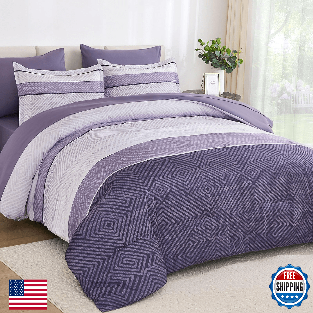 Drucon Purple Comforter Set King Size 7 Piece Bed in a Bag, Boho Striped Bedding - Image 1