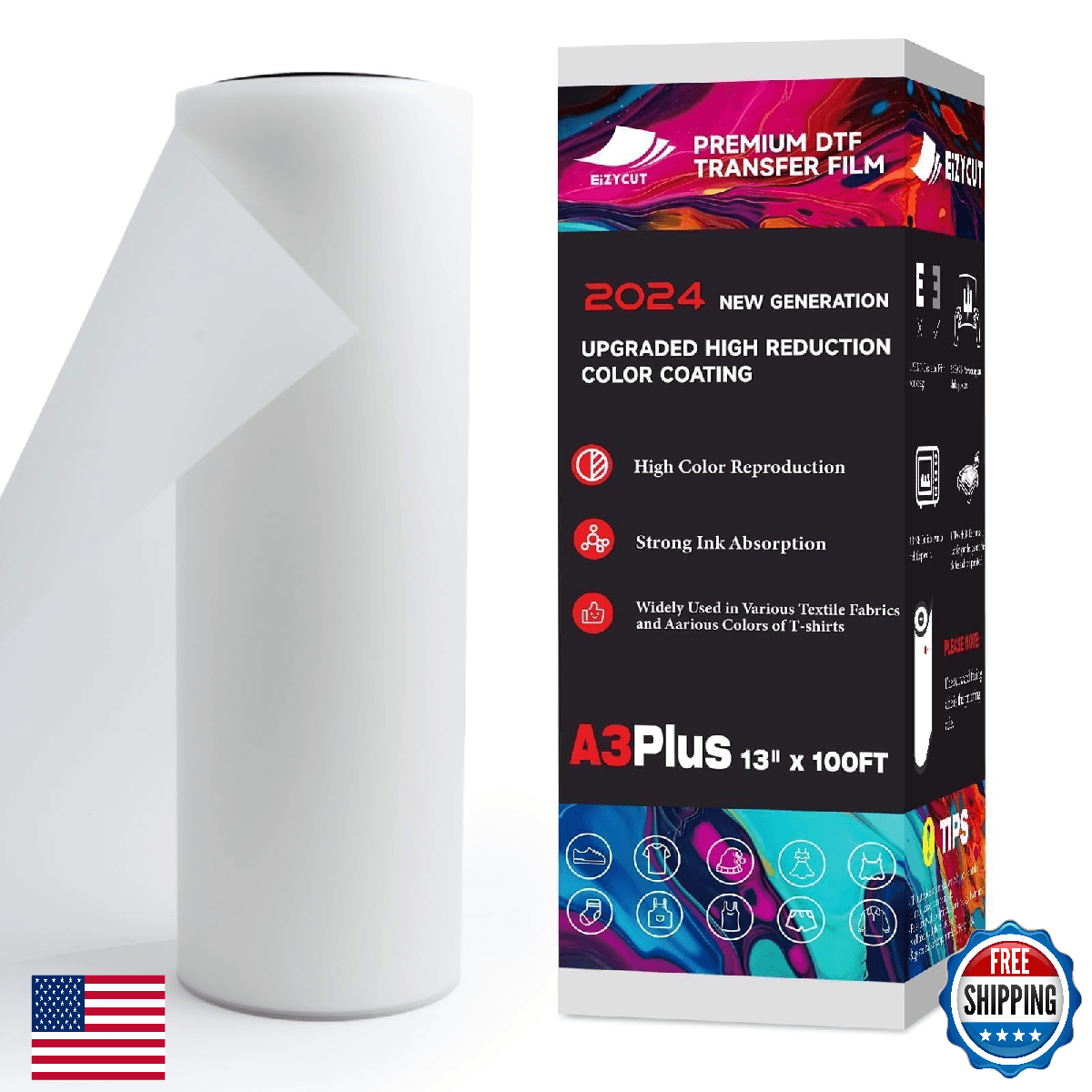 EIZYCUT DTF Transfer Film Roll 13" x 100ft A3+ Premium for All DTF Printers - Image 1