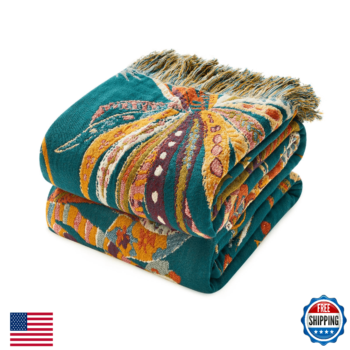 Boho Throw Blanket - 60"x80" Soft Cotton Reversible Floral Print Lightweight Bed - Image 1