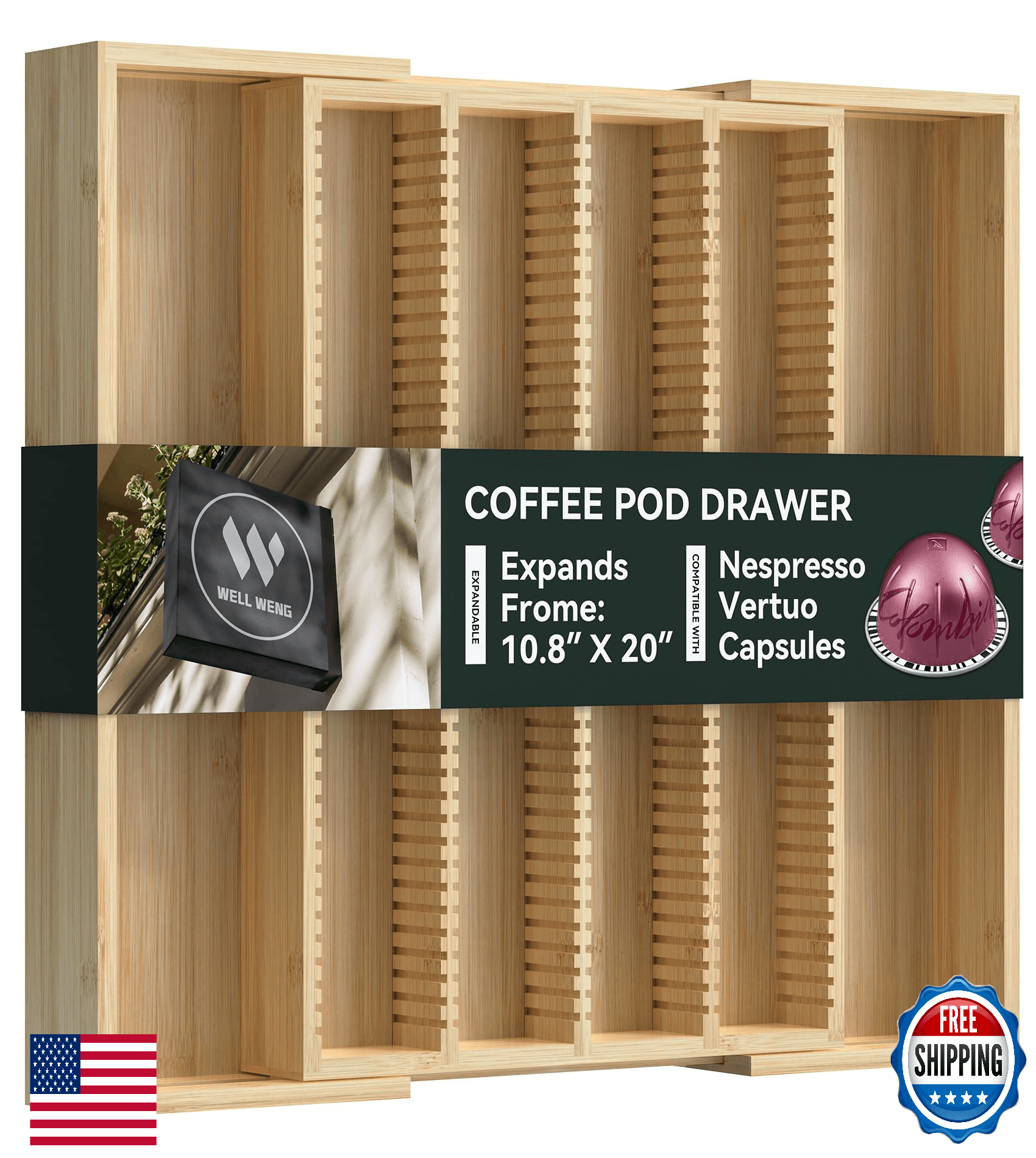 Well Weng Expandable Bamboo Coffee Capsule Organizer Drawer Storage Natural NEW - Image 1