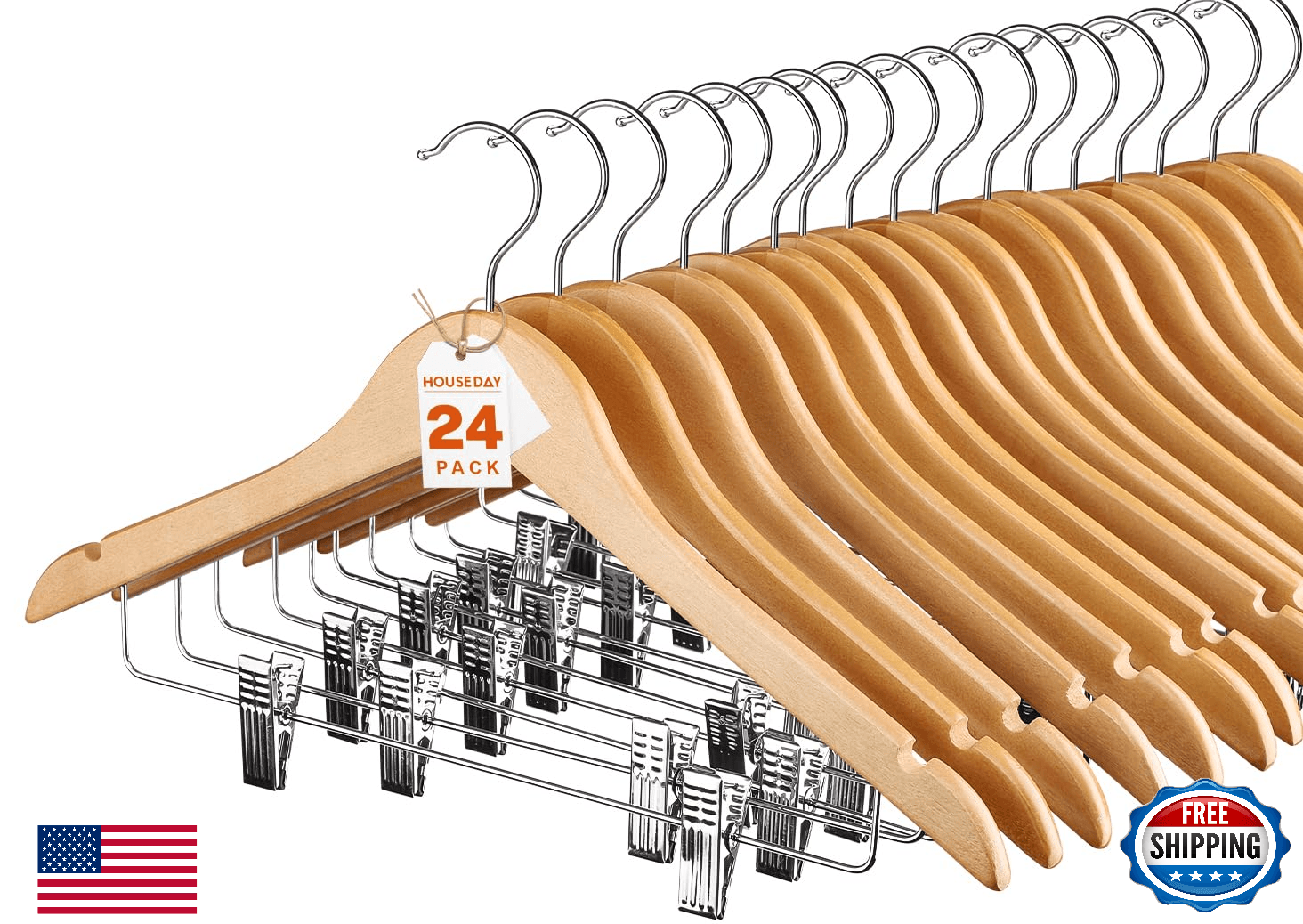 HOUSE DAY 24-Pk Wood Suit Hangers Skirt Hangers w/ Clips, 17.5" Length - Image 1