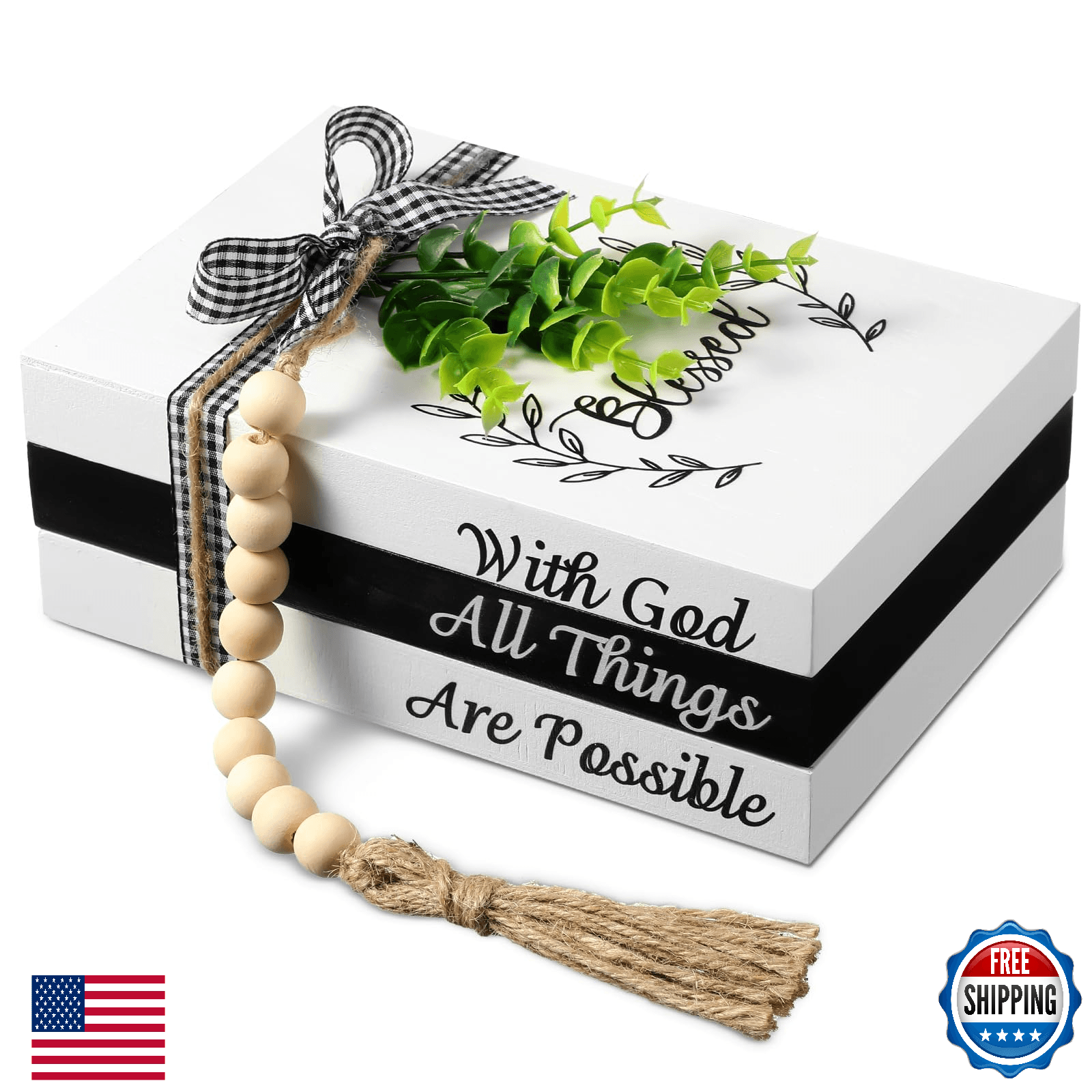 Capoda 3 Pcs Decorative Stacking Wood Faux Books + Beads for Farmhouse Decor - Image 1