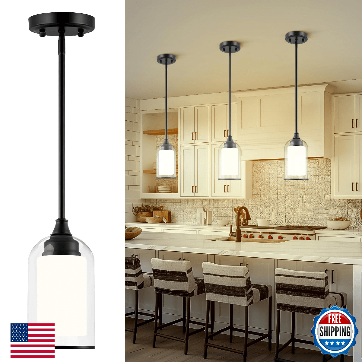 LIROUVET Black Pendant Light Fixtures - Dual Glass Hanging Light, 1-Light Pendan - Image 1