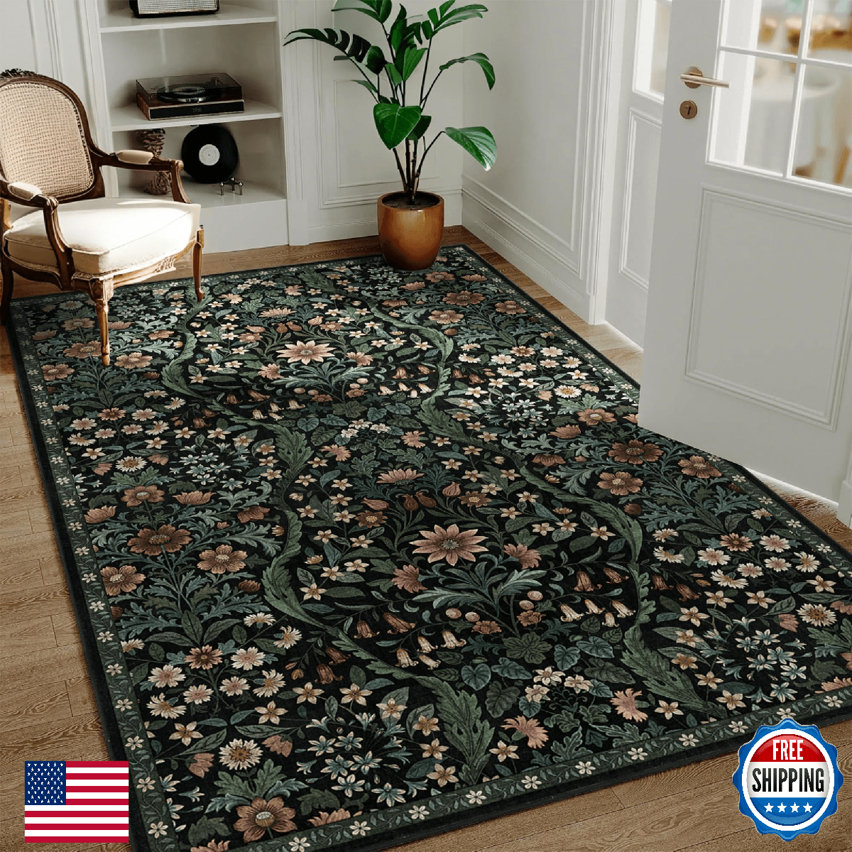 3x5 Black Boho Floral Vintage Area Rug,Soft Lightweight Low Pile Non-Shedding Ca - Image 1