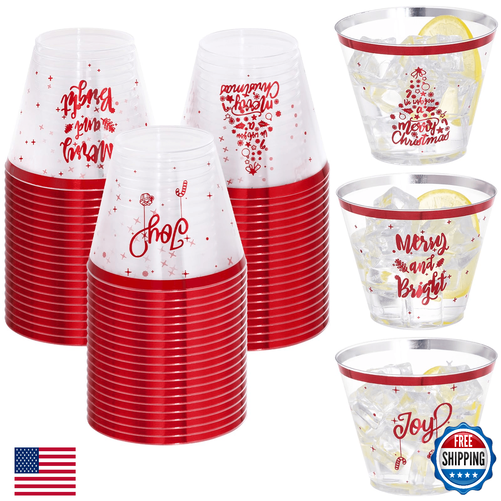 60PC 9oz Christmas Red Disposable Plastic Cups Party Holiday Drinkware - Image 1