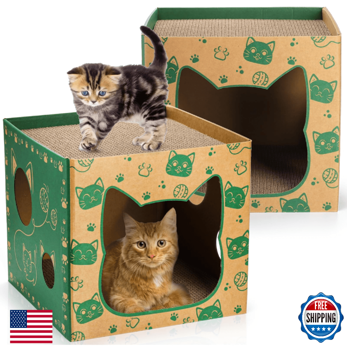 Pumtus 2-Pack Cardboard Cat House w/ 2 Scratching Pads - Play & Rest - Image 1