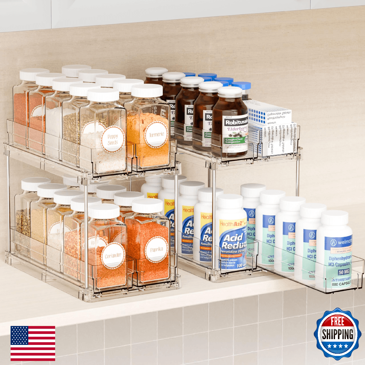 Yieach 2 Tier Sliding Spice Racks for Cabinets 2 Pack 10.4'' Deep Narrow Vertica - Image 1