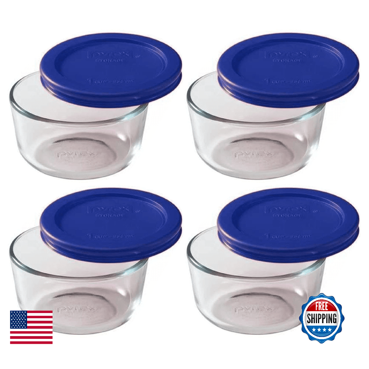 Pyrex 7202 1-Cup Glass Bowl & 7202-PC Cadet Blue Lid (4-Pack) - Made in USA - Image 1