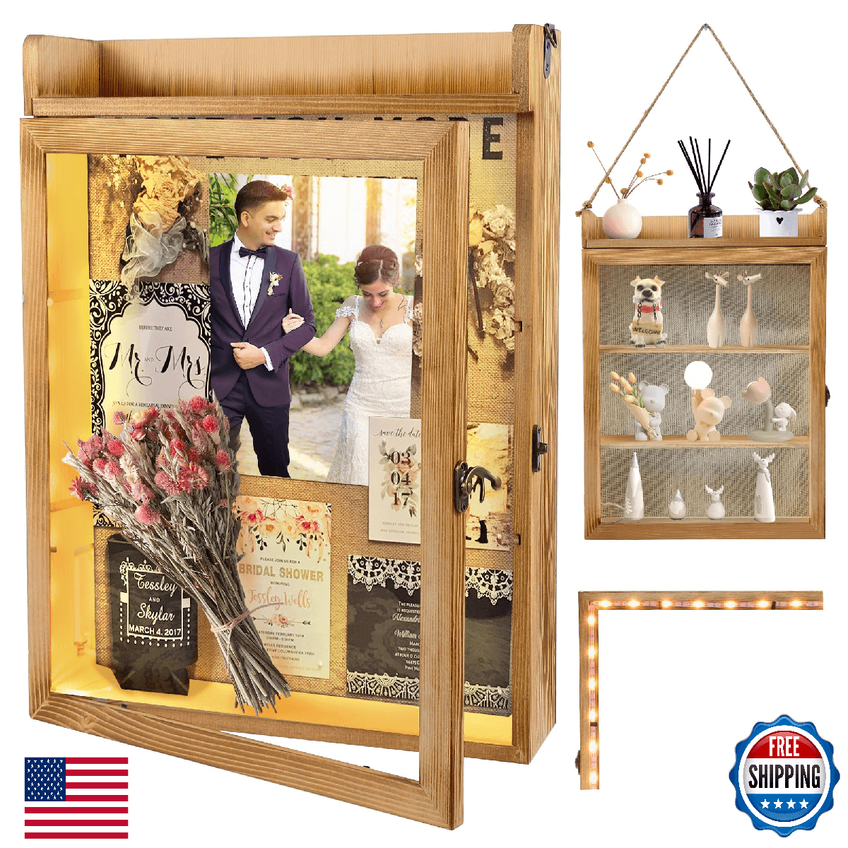 KWYADLUO 11x16 Shadow Box Frame with Light, Wedding Memorial Display Case with S - Image 1