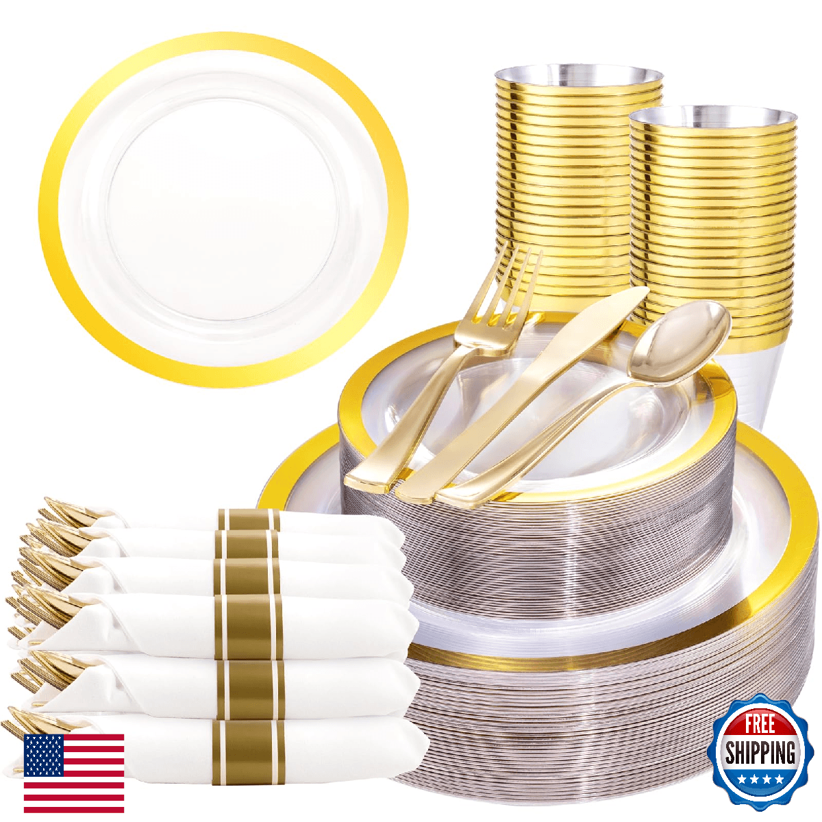 Liacere 350-Piece Clear Gold Plastic Plates & Cutlery Set for 50 Guests - Image 1
