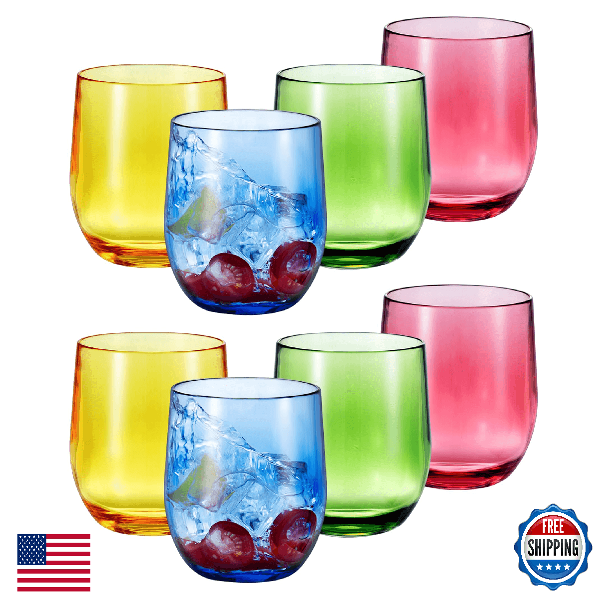 ZAINCA 14oz Plastic Stemless Wine Glasses Set of 8 Multicolor Reusable Shatterpr - Image 1