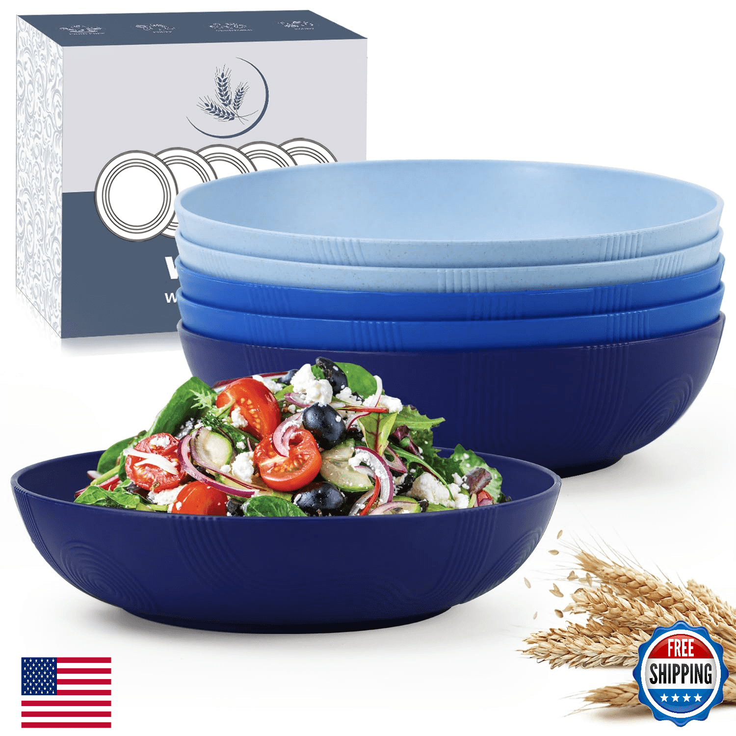 Wrova 6pk 10" Wheat Straw 65oz Large Salad Cereal Pasta Bowls - Unbreakable - Image 1
