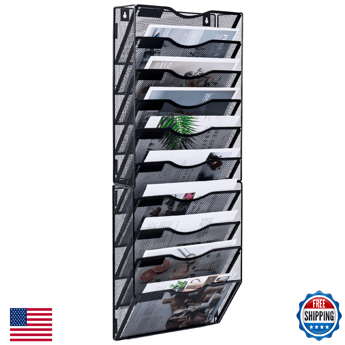 Solinxe 10-Pocket Wall File Holder Hanging Paper Organizer Storage, Iron Mesh - Image 1