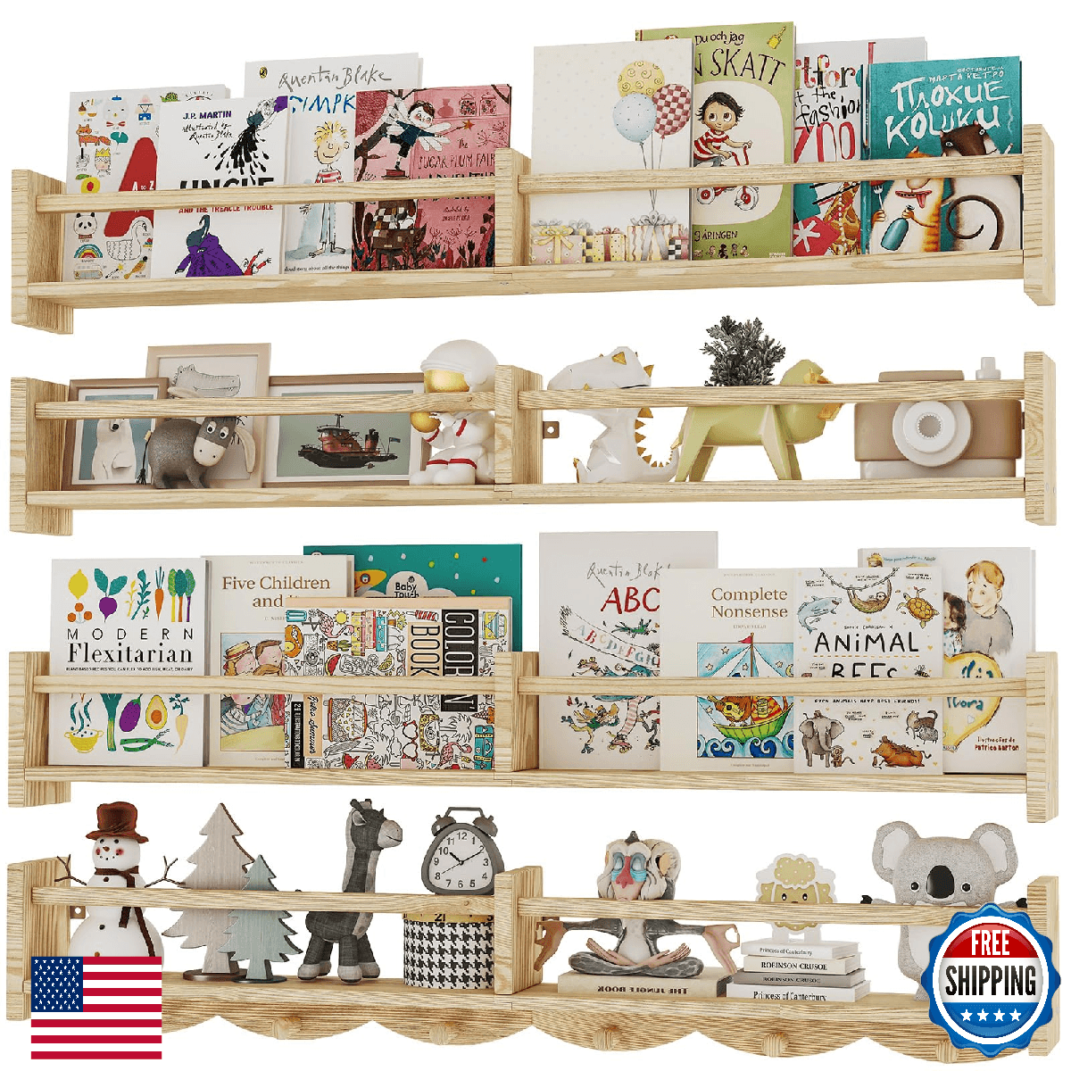 ECOOCE 34Inch Nursery Bookshelves,Set of 4,Wall Floating Shelf Kids Coat Rack wi - Image 1